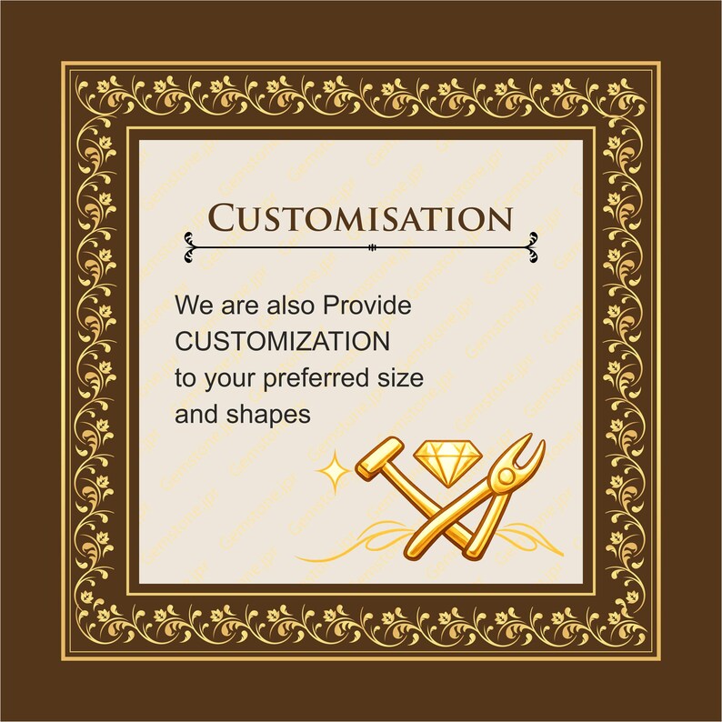 K&ouml;nnte beinhalten: Quadratisches Bild mit braunem Rahmen und goldenen Verzierungen. Der Text in der Mitte lautet "CUSTOMISATION" und beschreibt Anpassungsdienste. Goldene Werkzeuge und ein Diamant sind unten abgebildet.