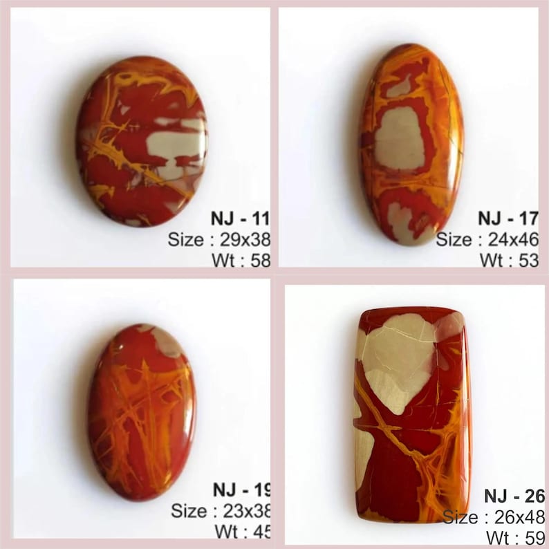 May include: Four polished gemstones with unique patterns and colors. The stones vary in shape, including oval and rectangular. Each stone has a different size, with the largest measuring 29x38. The gemstones are red, orange, and cream-colored.