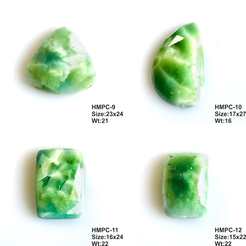 Puede incluir: Cuatro cabujones de piedras preciosas verdes y blancas de varias formas: triangular, de l&aacute;grima, rectangular y rect&aacute;ngulo redondeado. Cada piedra tiene un patr&oacute;n &uacute;nico y est&aacute; etiquetada con medidas de tama&ntilde;o y peso. El texto de la imagen dice: HMPC-9, HMPC-10, HMPC-11, HMPC-12.