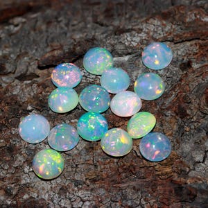 Puede incluir: Una colección de catorce ópalos redondos tallados en cabujón. Cada piedra preciosa presenta una base translúcida de color blanco lechoso con destellos vibrantes de colores iridiscentes, como verde, rosa y naranja, en sus superficies lisas.