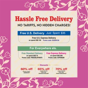 Pu&ograve; includere: Un grafico quadrato con bordo magenta e motivi floreali bianchi. Il centro contiene il testo: Hassle Free Delivery, NO TARIFFS, NO HIDDEN CHARGES!, Free U.S. Delivery Just Spent $35, Free U.S. Express Delivery on spend US$ 150 e vari codici sconto.