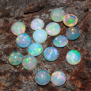 May include: A collection of iridescent opal gemstones, each with a rounded cabochon cut. The opals display a play-of-color effect, with flashes of blue, green, and pink hues. The gemstones are set against a textured, brown wooden surface.