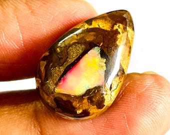 Natural Boulder Opal Gemstone, High Grade Electric Fire Pear Cabochon, Flat Back Loose Stone