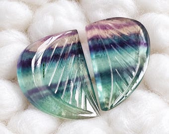 Hand Carved Fluorite Gemstone Pair, Natural Purple Leaf Cabochons for Jewelry Making