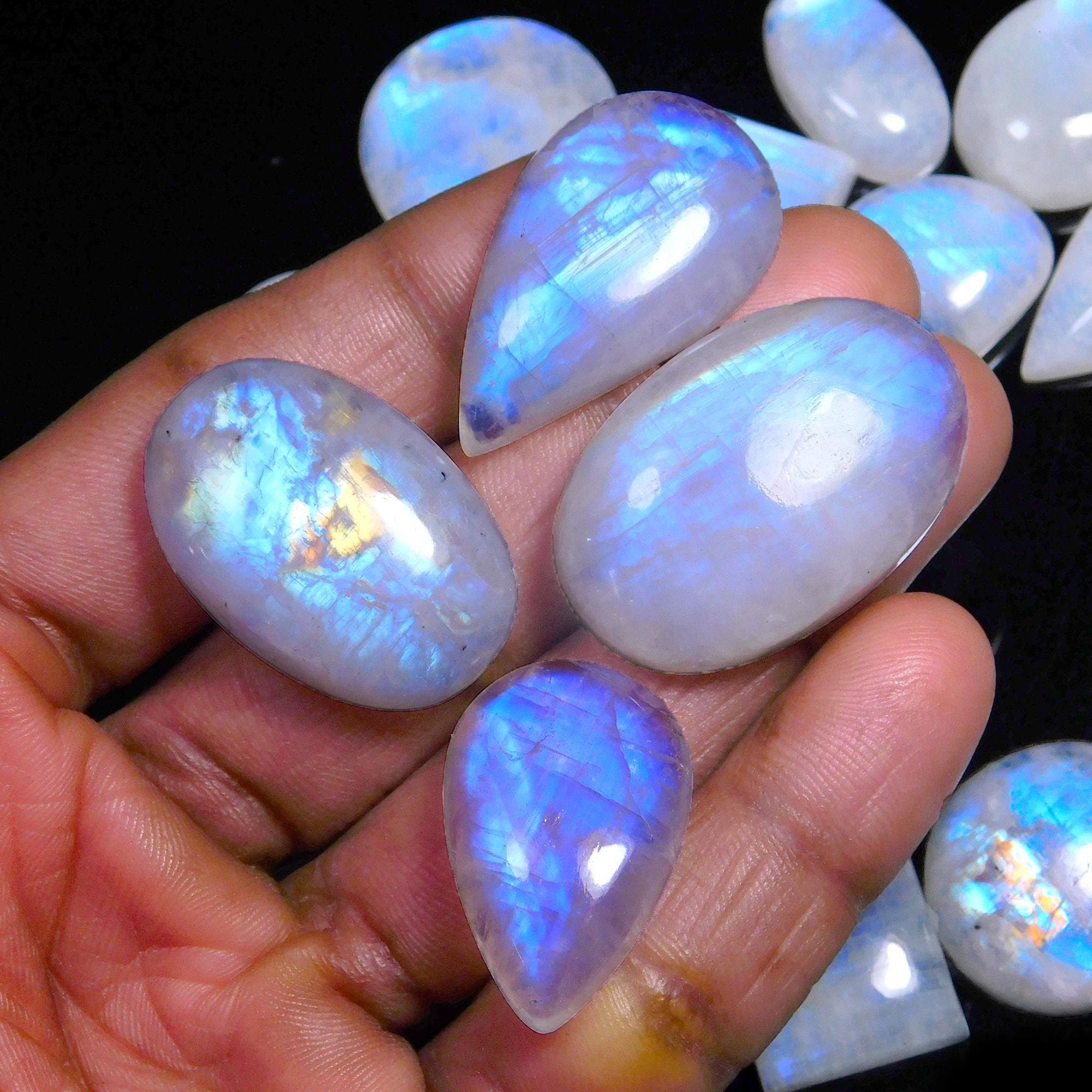 Top Quality Wholesale Lot Natural Rainbow Moonstone Cabochon Mix Shape Gemstone Blue Fire Moonstone Gemstone Mix Size Cabochon