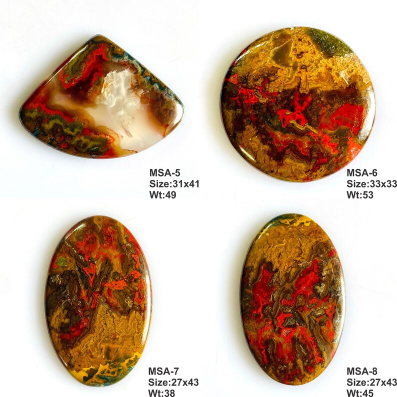 K&ouml;nnte beinhalten: Vier polierte Cabochon-Edelsteine mit wirbelnden Mustern in Rot, Braun und Gelb. Oben links f&auml;cherf&ouml;rmiger MSA-5 (31x41mm, 49g). Oben rechts runder MSA-6 (33x33mm, 53g). Unten links ovaler MSA-7 (27x43mm, 38g). Unten rechts ovaler MSA-8 (27x43mm, 45g).