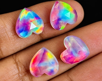 Faceted Aurora Opal Heart Cabochon, Rose Cut Synthetic Opal for Jewelry Making