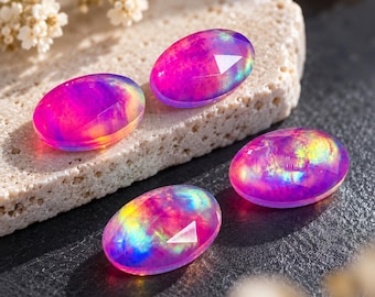 Faceted Aurora Opal Doublet Cabochon, 10x14mm Rose Cut Oval Jewelry Stone