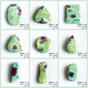 May include: A collection of nine polished cabochon gemstones featuring a vibrant green matrix with embedded magenta ruby inclusions. Each stone is labelled with a unique identifier, such as RUBY J-67, along with its specific dimensions in millimetres and weight.