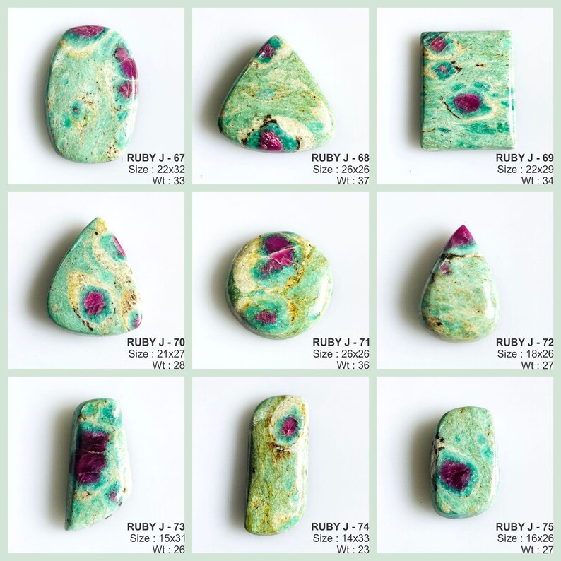 May include: A collection of nine polished cabochon gemstones featuring a vibrant green matrix with embedded magenta ruby inclusions. Each stone is labelled with a unique identifier, such as RUBY J-67, along with its specific dimensions in millimetres and weight.