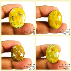 May include: Four faceted yellow gemstones with varying sizes and weights are displayed. Each stone is held in a hand and labeled with "ATF" followed by a number, size in millimeters, and weight in grams.