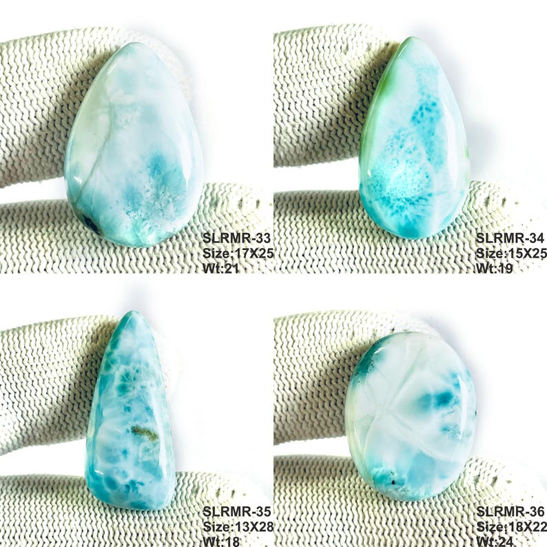 May include: Four polished Larimar gemstones with distinct blue and white marbled patterns. The stones are labeled SLRMR-33 (17x25mm), SLRMR-34 (15x25mm), SLRMR-35 (13x28mm), and SLRMR-36 (18x22mm), each displaying unique cloud-like textures and shapes.