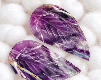 Hand Carved Fluorite Gemstone Pair, Natural Purple Leaf Cabochons for Jewelry Making