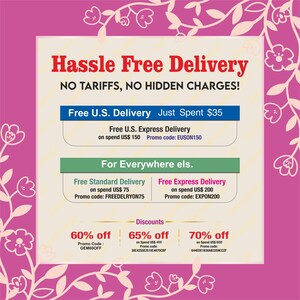 K&ouml;nnte beinhalten: Eine rosa-wei&szlig;e Grafik mit dem Text "Hassle Free Delivery" und Details zum kostenlosen Versand in den USA und anderswo. Die Grafik listet auch Rabattangebote auf.