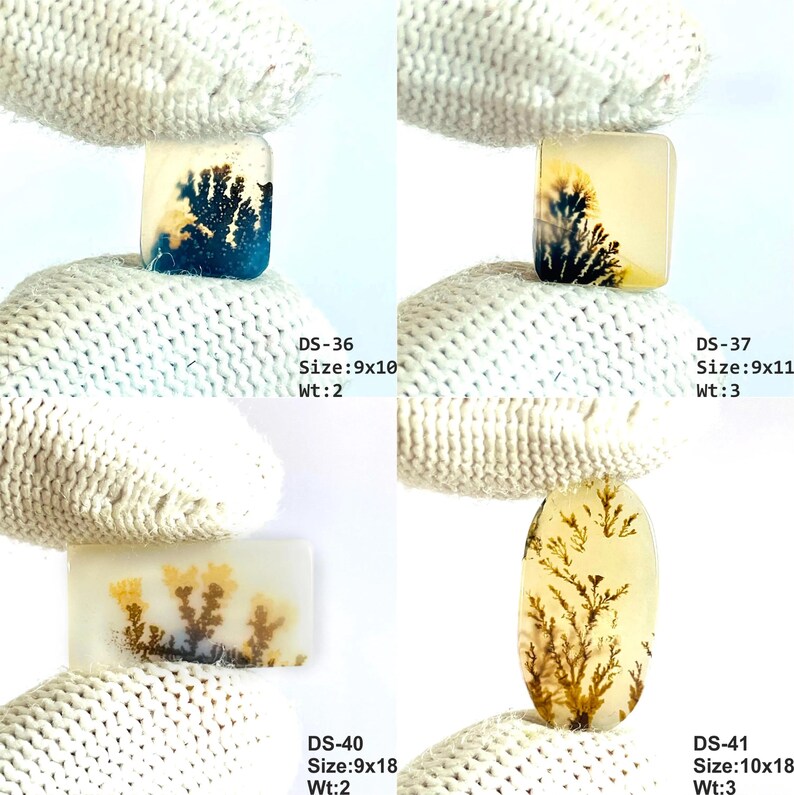 May include: Four dendritic agate gemstones with tree-like inclusions. DS-36 is 9x10mm, 2g. DS-37 is 9x11mm, 3g. DS-40 is 9x18mm, 2g. DS-41 is 10x18mm, 3g. Each stone features unique black or brown fern-like patterns on a translucent base.
