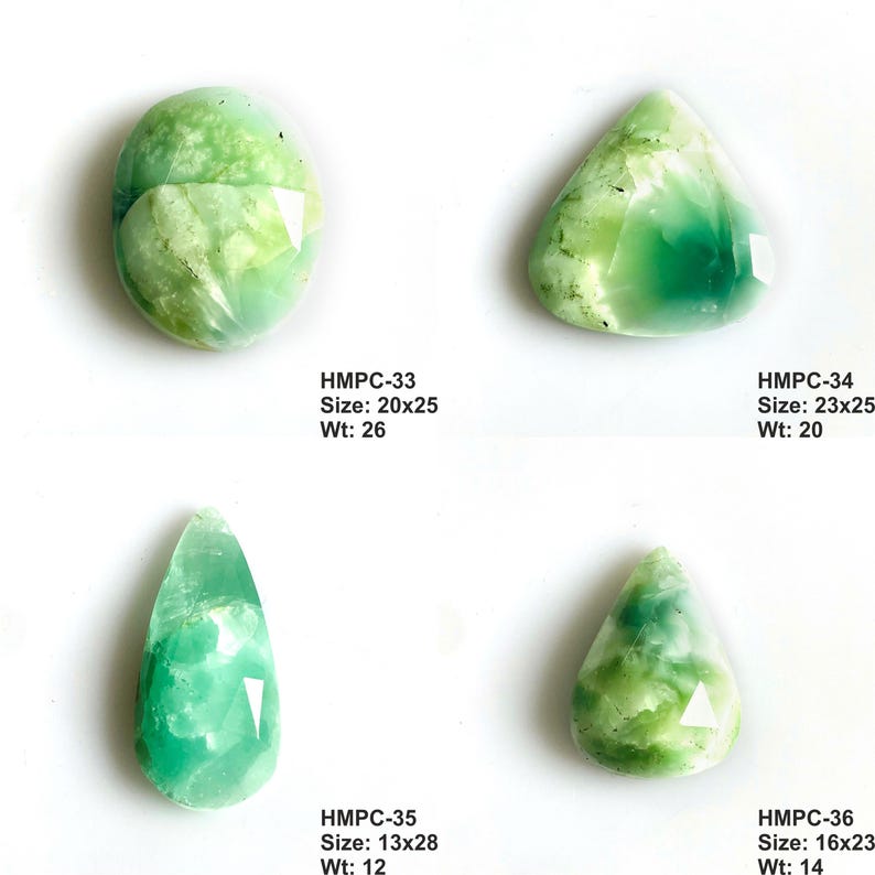 Puede incluir: Cuatro piedras preciosas verdes de varias formas se muestran sobre un fondo blanco. Las piedras incluyen un &oacute;valo, un tri&aacute;ngulo, una l&aacute;grima y una forma redondeada. Cada piedra tiene un patr&oacute;n &uacute;nico y est&aacute; etiquetada con un tama&ntilde;o en mm y un peso en gramos.