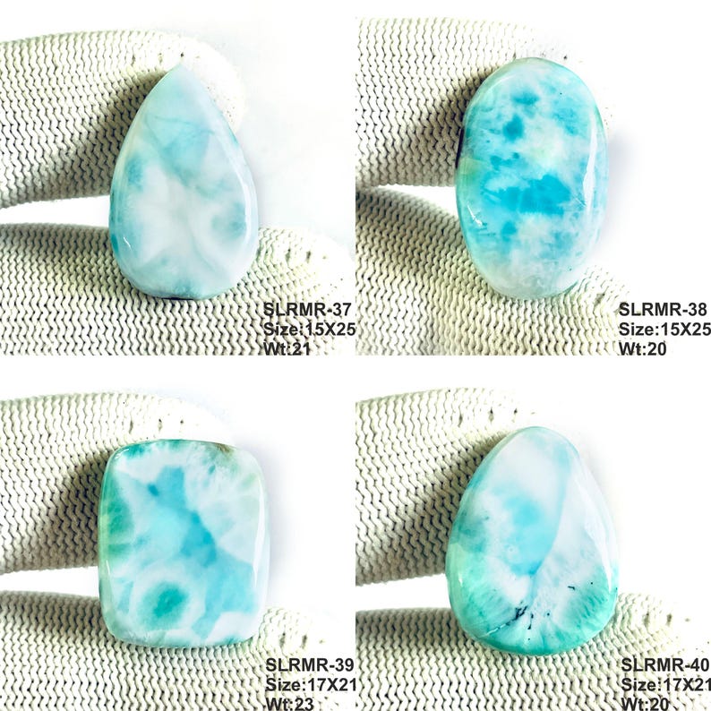 May include: Four polished Larimar gemstones in teardrop, oval, and rectangular shapes. Each stone displays a marbled pattern of sky blue and white. Text labels include codes like SLRMR-37, sizes in mm, and weights in carats for each individual piece.