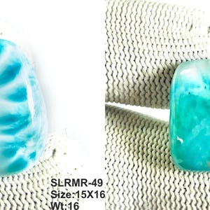 May include: Two polished larimar gemstones. The left stone is teardrop-shaped with white and cyan patterns, labeled SLRMR-49, 15x16, Wt:16. The right stone is rectangular with rounded corners, cyan and white hues, labeled SLRMR-50, 15x21, Wt:15.