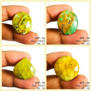 May include: Four faceted gemstones in shades of yellow and green are displayed. Each stone is held by a hand. The gemstones vary in shape and size, with text indicating dimensions and weight. The stones have a polished, reflective surface.