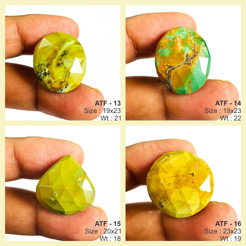 May include: Four faceted gemstones in shades of yellow and green are displayed. Each stone is held by a hand. The gemstones vary in shape and size, with text indicating dimensions and weight. The stones have a polished, reflective surface.