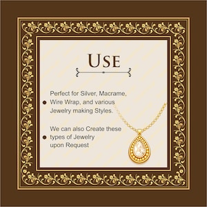 May include: A rectangular graphic with a dark brown border featuring gold floral patterns. The center contains the text USE, followed by text about silver, macrame, and wire wrap jewelry making, and a gold teardrop pendant necklace illustration.