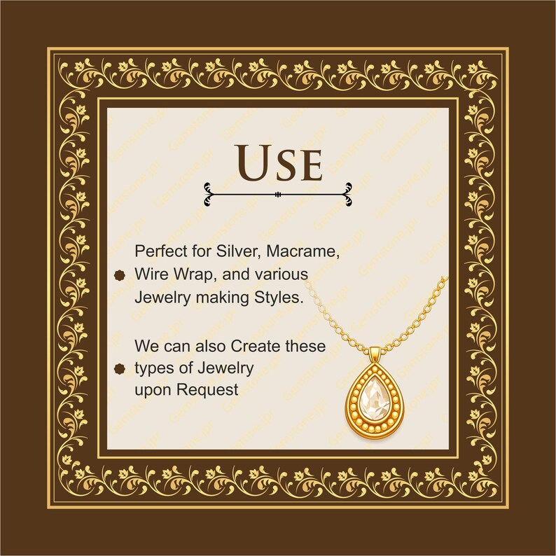 May include: A rectangular graphic with a dark brown border featuring gold floral patterns. The center contains the text USE, followed by text about silver, macrame, and wire wrap jewelry making, and a gold teardrop pendant necklace illustration.