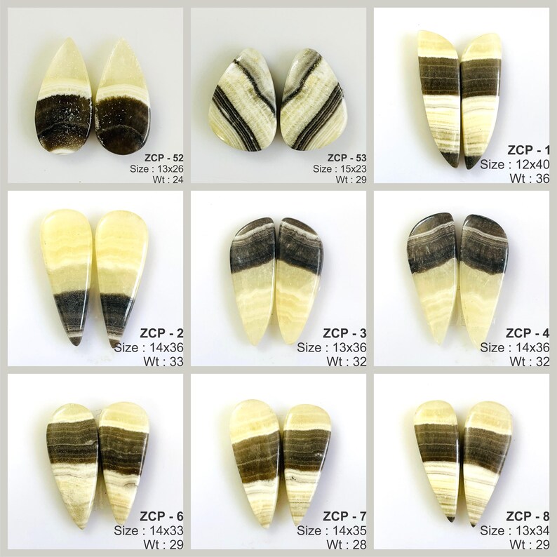 May include: A collection of nine pairs of polished onyx gemstones in various shapes. The stones feature a mix of cream, brown, and black bands. Each pair is labeled with a size in inches and weight in ounces.