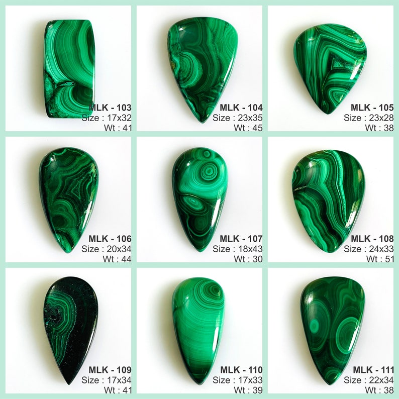 Cabochon di malachite naturale, pietra preziosa di malachite con retro piatto, malachite di qualità AAA, malachite lucidata a mano per gioielli immagine 1