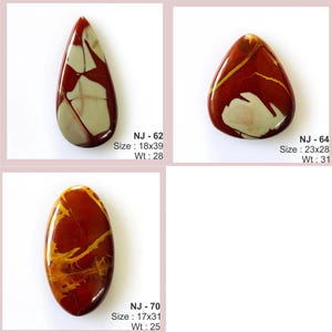 May include: Three polished gemstones with unique patterns and colors. The first is a teardrop shape, the second is a rounded triangle, and the third is oval. The gemstones have red, brown, and cream colors. The first measures 0.7 x 1.5 inches, the second measures 0.9 x 1.1 inches, and the third measures 0.7 x 1.2 inches.