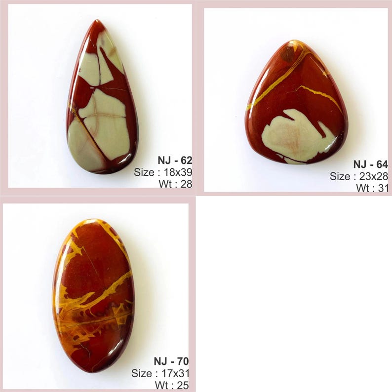May include: Three polished gemstones with unique patterns and colors. The first is a teardrop shape, the second is a rounded triangle, and the third is oval. The gemstones have red, brown, and cream colors. The first measures 0.7 x 1.5 inches, the second measures 0.9 x 1.1 inches, and the third measures 0.7 x 1.2 inches.