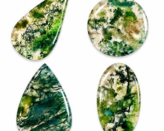 Natural Green Moss Agate Cabochon, Oval Flat Back Gemstone for Jewelry Making