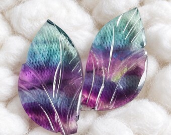 Hand Carved Fluorite Gemstone Pair, Natural Purple Leaf Cabochons for Jewelry Making