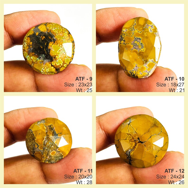 May include: Four faceted gemstones with yellow, brown, and black patterns. Each stone is held by a hand. The text on the image indicates sizes of 23x23, 18x27, 20x20, and 24x24, and weights of 25, 21, 28, and 26.