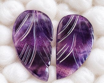 Hand Carved Fluorite Gemstone Pair, Natural Purple Leaf Cabochons for Jewelry Making