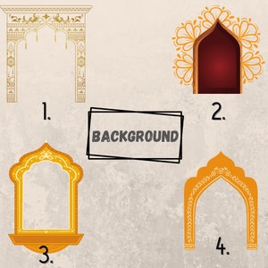 Puede incluir: Cuatro dise&ntilde;os de arcos decorativos diferentes en oro y naranja con detalles intrincados. Los arcos est&aacute;n numerados del 1 al 4. El fondo es de color beige claro con la palabra "BACKGROUND" escrita en negro.