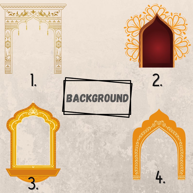 Puede incluir: Cuatro dise&ntilde;os de arcos decorativos diferentes en oro y naranja con detalles intrincados. Los arcos est&aacute;n numerados del 1 al 4. El fondo es de color beige claro con la palabra "BACKGROUND" escrita en negro.