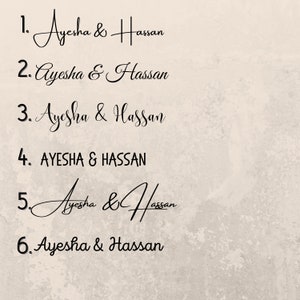 Op de afbeelding: Zes variaties van de namen Ayesha en Hassan, geschreven in verschillende stijlen. De namen zijn genummerd van 1 tot en met 6.