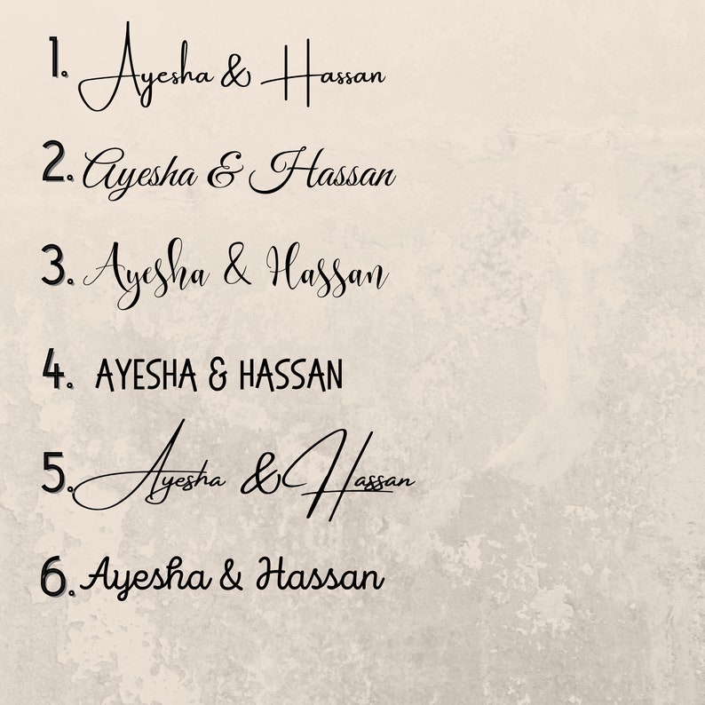 Op de afbeelding: Zes variaties van de namen Ayesha en Hassan, geschreven in verschillende stijlen. De namen zijn genummerd van 1 tot en met 6.