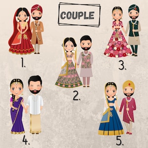 Puede incluir: Cinco ilustraciones diferentes de parejas con atuendos tradicionales de boda india. Las parejas est&aacute;n numeradas del 1 al 5. La palabra "PAREJA" est&aacute; escrita en un cuadro negro en la parte superior de la imagen.