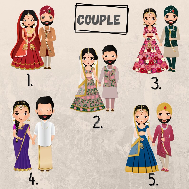 Puede incluir: Cinco ilustraciones diferentes de parejas con atuendos tradicionales de boda india. Las parejas est&aacute;n numeradas del 1 al 5. La palabra "PAREJA" est&aacute; escrita en un cuadro negro en la parte superior de la imagen.