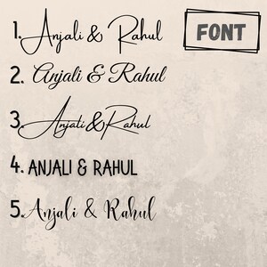 Puede incluir: Cinco variaciones diferentes de los nombres "Anjali & Rahul" escritos en letra cursiva. El texto "FONT" est&aacute; escrito en un cuadro en la esquina superior derecha de la imagen.