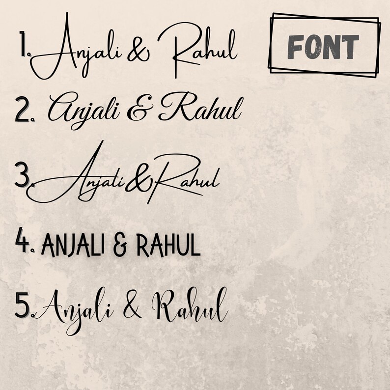 Puede incluir: Cinco variaciones diferentes de los nombres "Anjali & Rahul" escritos en letra cursiva. El texto "FONT" est&aacute; escrito en un cuadro en la esquina superior derecha de la imagen.