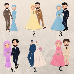 Op de afbeelding: Zes illustraties van moslimkoppels in trouwkledij. De koppels dragen kleding in verschillende kleuren, waaronder blauw, geel, roze, paars, wit en beige. De illustraties zijn genummerd van 1 tot en met 6.