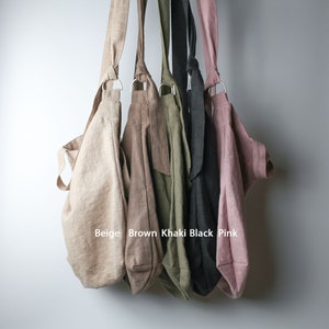 Urban French natural linen hobo crossbody bag featuring top handles, an internal zip pocket and an adjustable shoulder strap image 7