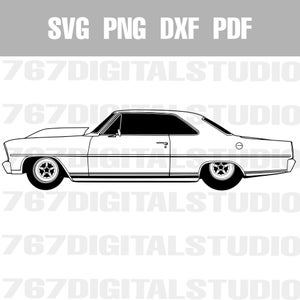 May include: Black and white line art illustration of a classic 1967 Chevrolet Camaro. The car is shown in profile view with the driver's side facing the viewer. The car has a long hood, a sloping roofline, and a rounded rear end.