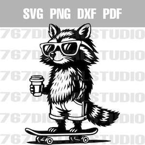 Racoon Skateboarder SVG png pdf dxf vectorbestanden Clip Art afdrukbare lasergesneden gravure POD persoonlijk en commercieel gebruik OK