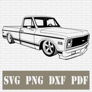 Camioneta Chevy 1972 SVG / Camioneta C10 clásica Clip Art / Archivo de corte vectorial DXF PNG PDf para Cricut, Silhouette, grabado láser y decoración de garaje