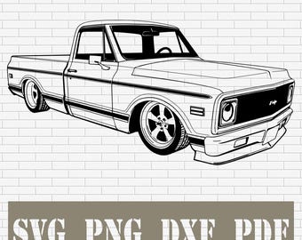 Camioneta Chevy 1972 SVG / Camioneta C10 clásica Clip Art / Archivo de corte vectorial DXF PNG PDf para Cricut, Silhouette, grabado láser y decoración de garaje