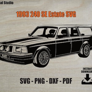 Może przedstawiać: Czarno-biała ilustracja kombi Volvo 240 SE Estate z 1993 roku. Obraz zawiera tekst "1993 240 SE Estate SVG", "SVG - PNG - DXF - PDF" i "INSTANT DOWNLOAD". Samochód jest przedstawiony z profilu.