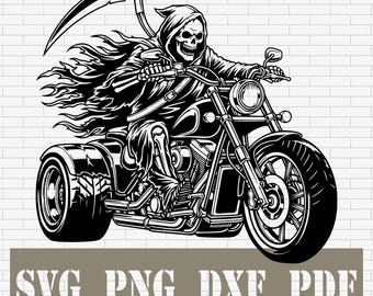 Grim Reaper Trike Motorcycle SVG DXF PNG PDf – Biker Skeleton Reaper Cut File, Chopper Decal, Halloween Art